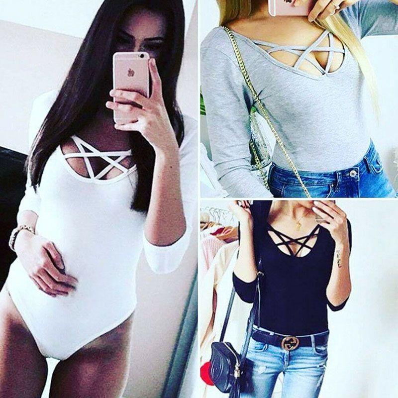 Womens V Neck Plunge Long Sleeve Plain Stretch Bodysuit Catsuit Top Leotard