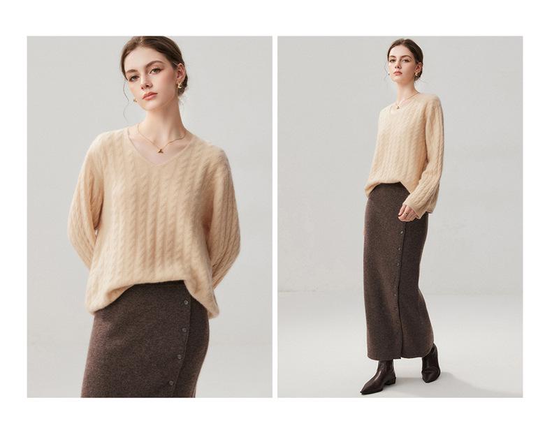 Women's Cashmere V-Neck Sweater - Aran Jacquard Knit, Loose Fit, Autumn Style