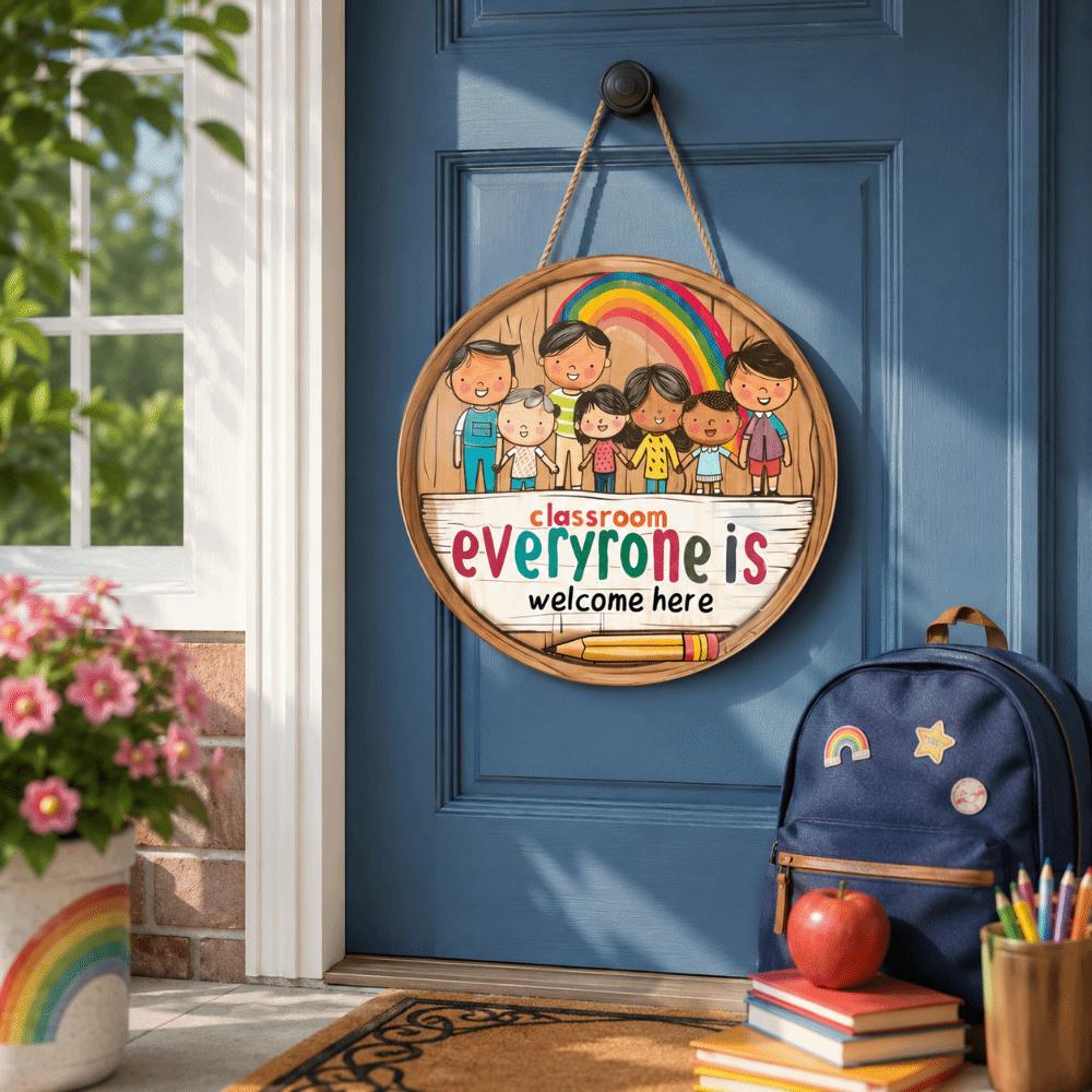 2D Flat Welcome Sign Colorful Round Wooden Classroom Door Sign Ornaments Decoration School Door Hanging School Decoration