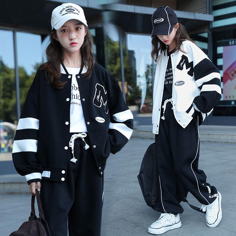 

Girls Contrast Alphabet Single-breasted Sweat Varsity Jacket+Drawstring Sweatpant Set School Kids Tracksuit Child Outfit 3-14Yrs 170 білий
