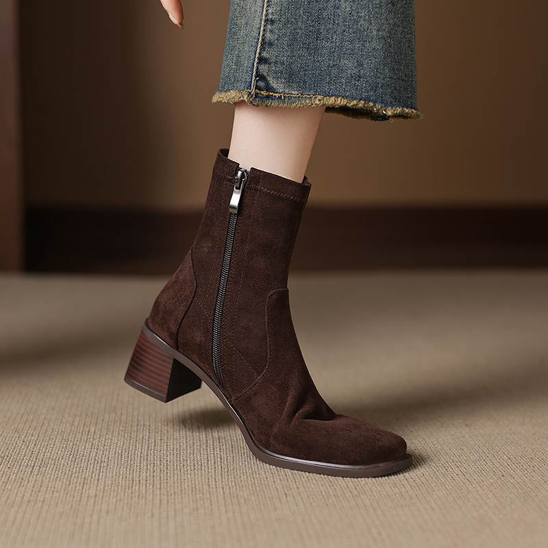 Krazing Pot Flock Round Toe Thick Heels Chelsea Boots Size 42 Zip Women Concise Style Elastic Ankle Boots