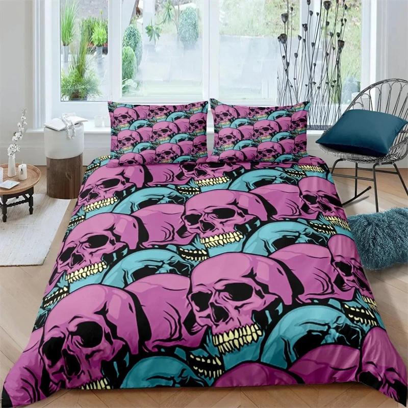 Skelett King Queen Bettbezug Totenkopf Bettwäsche Set für Kinder Teenager Erwachsene Halloween Schlafzimmer Dekor Weicher Bettbezug Kissenbezüge