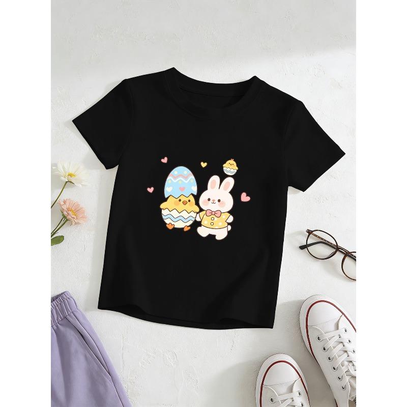 European sizes Girls' Short Sleeve Easter Print T-Shirt, Summer Kids' Round Neck Top, Sweet and Cute Fashionable Trendy Patterns for Girls