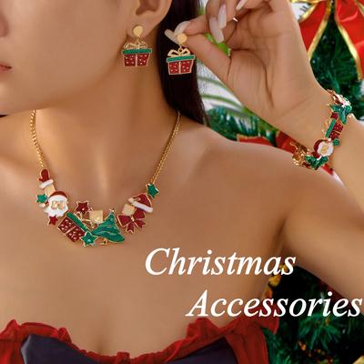 Exaggerated Enamel Santa Claus Christmas Tree Splicing Bangle for Women Dainty Xmas Necklace Bracelet Earrings Jewelry Set Gift