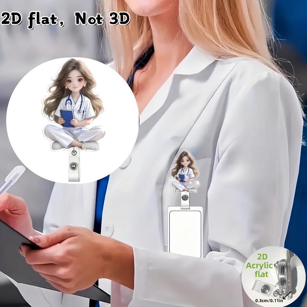 Portabadge Retrattile Ragazza 2D in Acrilico con Libro Porta Badge Infermiere Accessorio Lavoro Medico