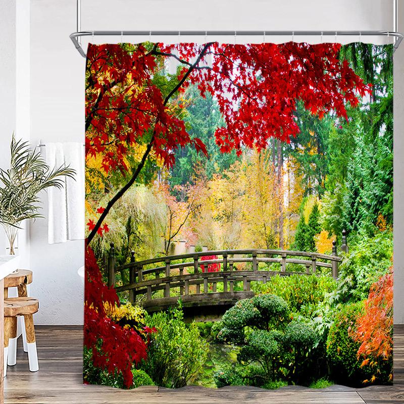 Autumn Landscape Shower Curtains Red Maple Trees Pavilion Arch Bridge Park Nature Scenery Home Bathroom Decor Bath Curtain Set