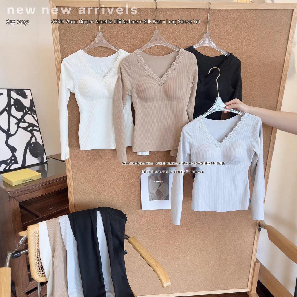 Women's V-Neck Long Sleeve Thermal Set: Warm Ginger Camellia Oil Cashmere Silk Base Layer with Slim Fit Trousers for Autumn.