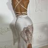 2024 Women Sexy Lace Patchwork Solid White Black Midi Dress Spring Summer Halter Lace-up Backless Clothing