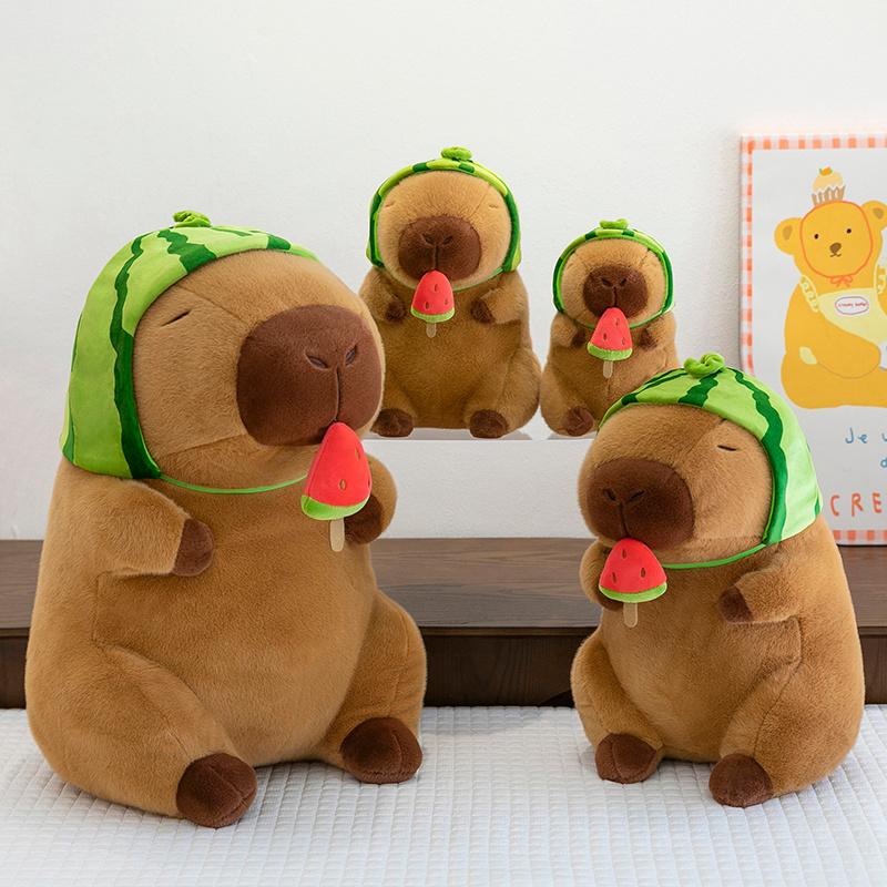 Cute Capybara Plush Toy Stuffed Animals Fruit Kapibala Watermelon Headgear Soft Pillow Doll Kids Toys Birthday Christmas Gift