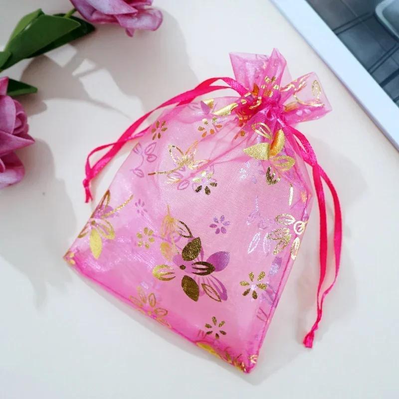 50piece Gold Stamp Rose Pattern Gauze Bag Colorful Pull Rope Self Sealing Storage Bags Candy Gift Accessory Package Jewelry Pouc