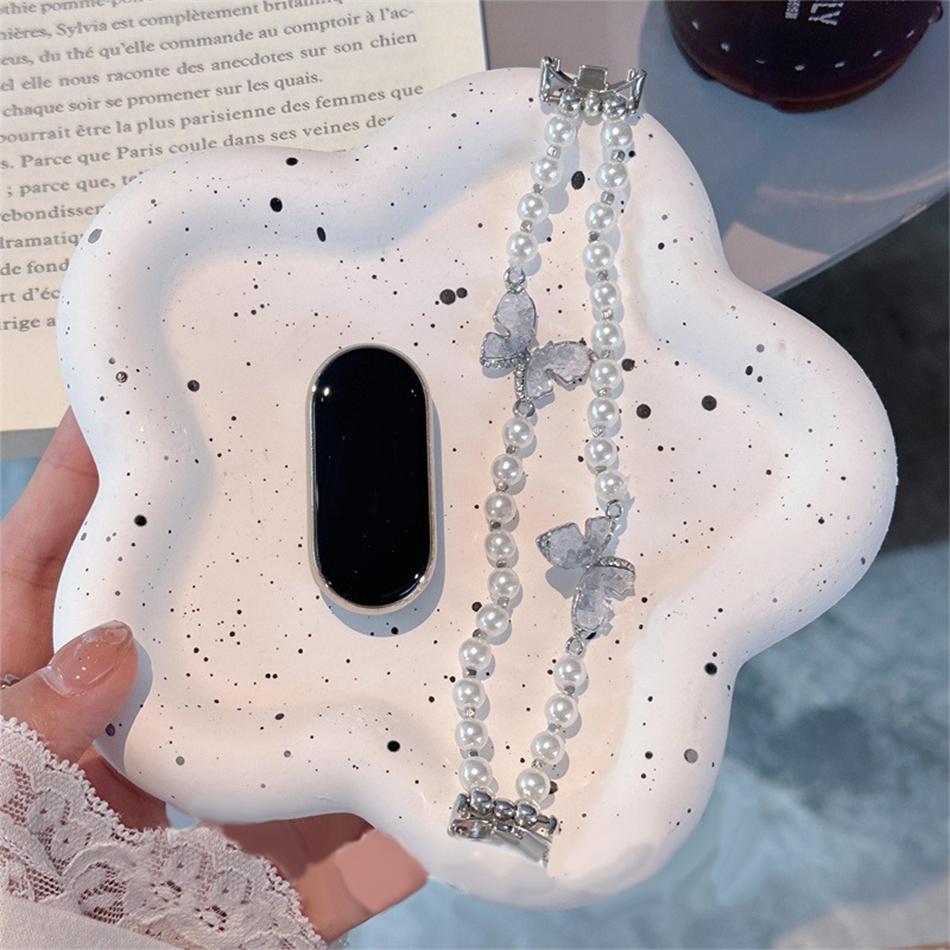 

Fashion Crystal Glass Butterfly Pearl Strap For Xiaomi Mi Band 10 9 8 Pro 7 Miband 8 9 7 6 5 Wristband Metal Dual Link Bracelet For Mi Band 5 6