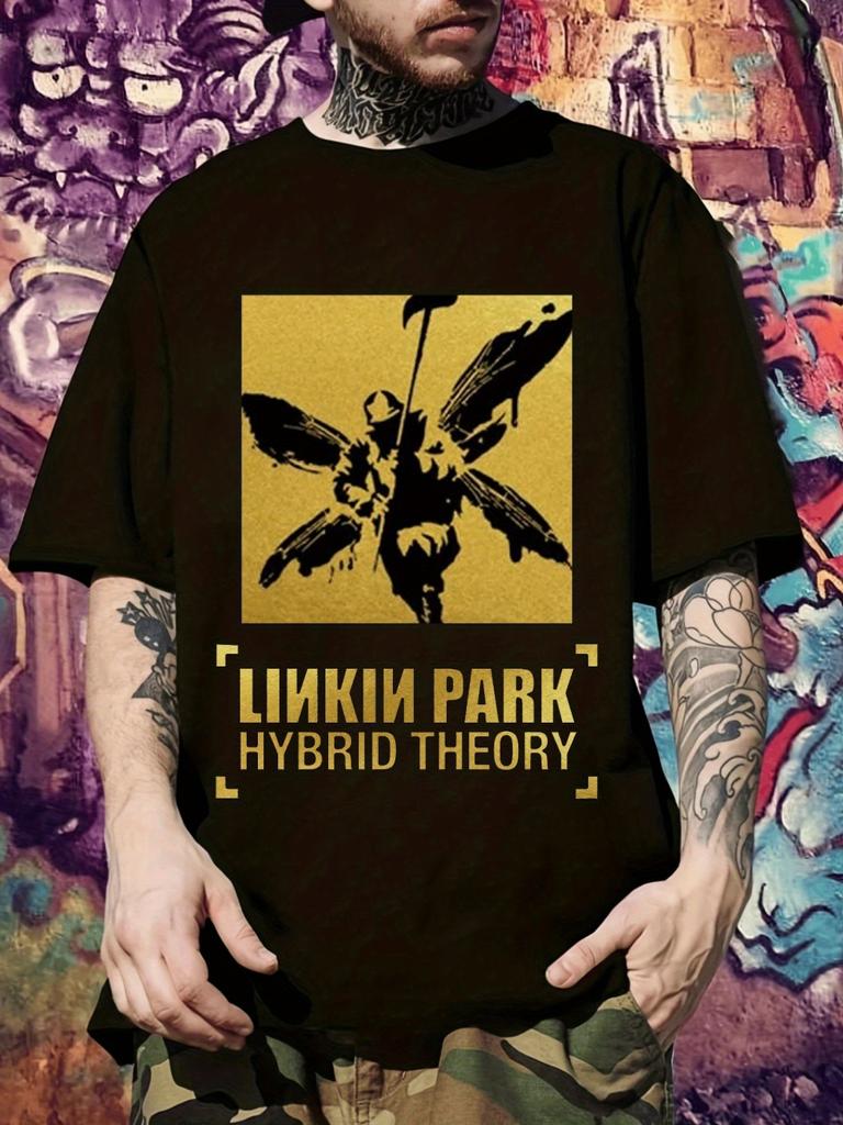 Linkin Park Hybrid Theory Album Graphic Tee - Vintage Band Shirt with Dark Brown & GoldYPD Print - Regular Fit Casual T-shirt for Concerts