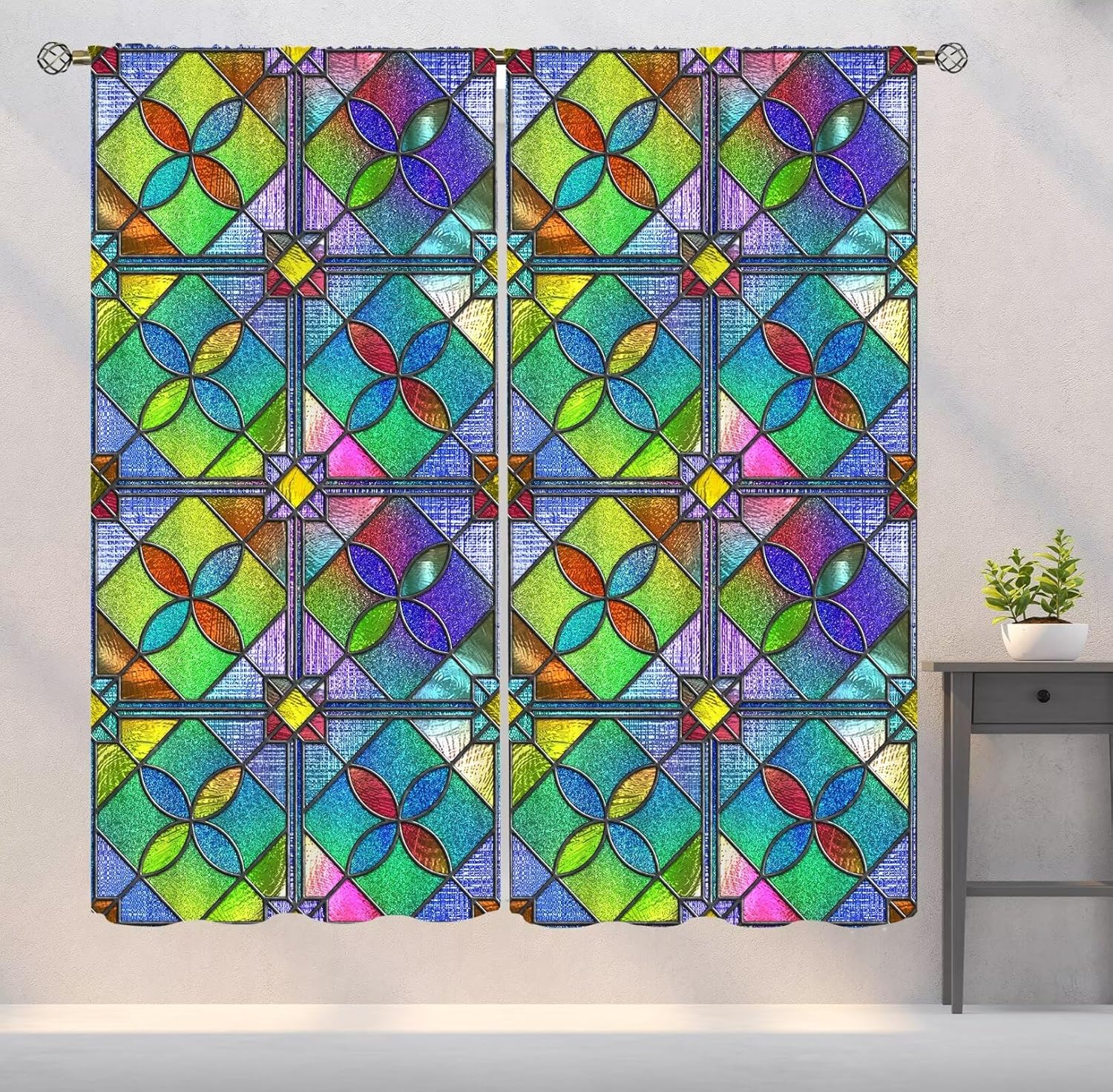 

Stained Glass Curtains Retro Colorful Style Art Printed Window Drapes Bedroom Living Room Kitchen Decor Fabric Panels Made Of Polyester Area W100*H130(CM)-Grommet top&2PCS