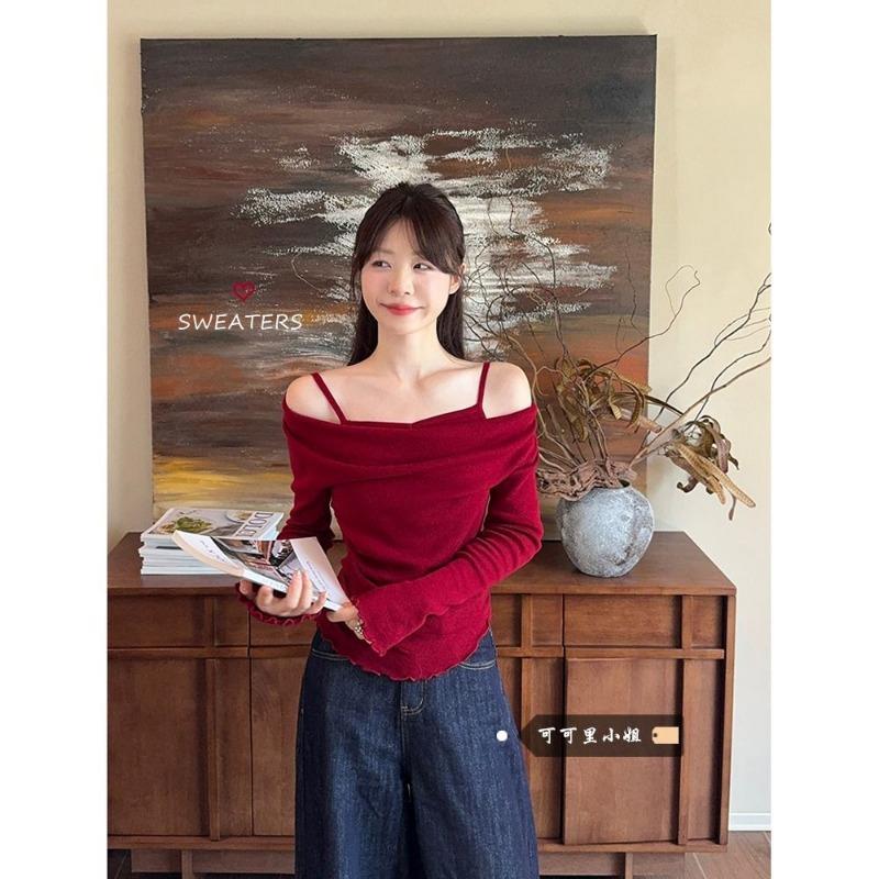 

Женская футболка с длинным рукавом и открытыми плечами, с эффектом двухслойности, осенняя новинка, облегающий топ-основа с низом в виде ушек S красный