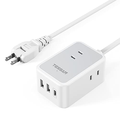 TESSAN 2m Power Strip, USB, and Outlet Extension Cord with 3 AC Outlets, 1 Type C and 2 Type A, Multi-Purpose Swing Plug, Wall-Mounted, Tabletop, Comp