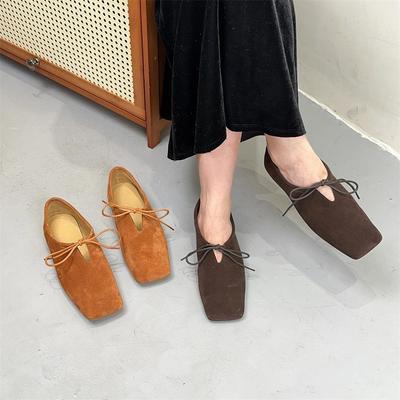Mocassins à bout carré en cuir de vache givré Chaussures plates polyvalentes à lacets faites à la main en cuir véritable pour femmes