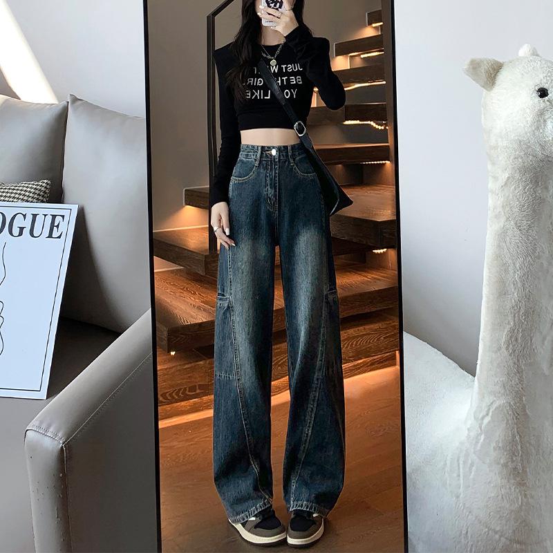 

Женские джинсы с высокой посадкой и широкими штанинами 2025 года, облегающие прямые брюки длиной до пола для весны и осени L сине серый