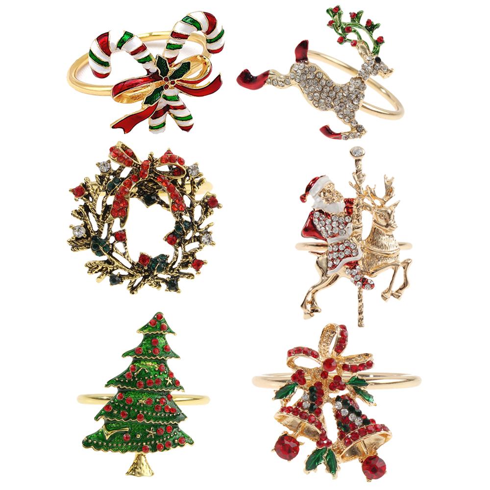 6PCs Christmas Napkin Rings Set Elk Bells Santa Xmas Tree Napkin Buckle 2026 Xmas Table Decoration 2026 New Year Home Decors