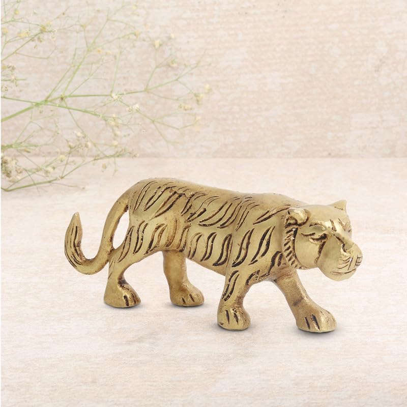 Pure Brass Animal Tiger Statue, Handcrafted Decorative Showpiece Idol - 14 Cm