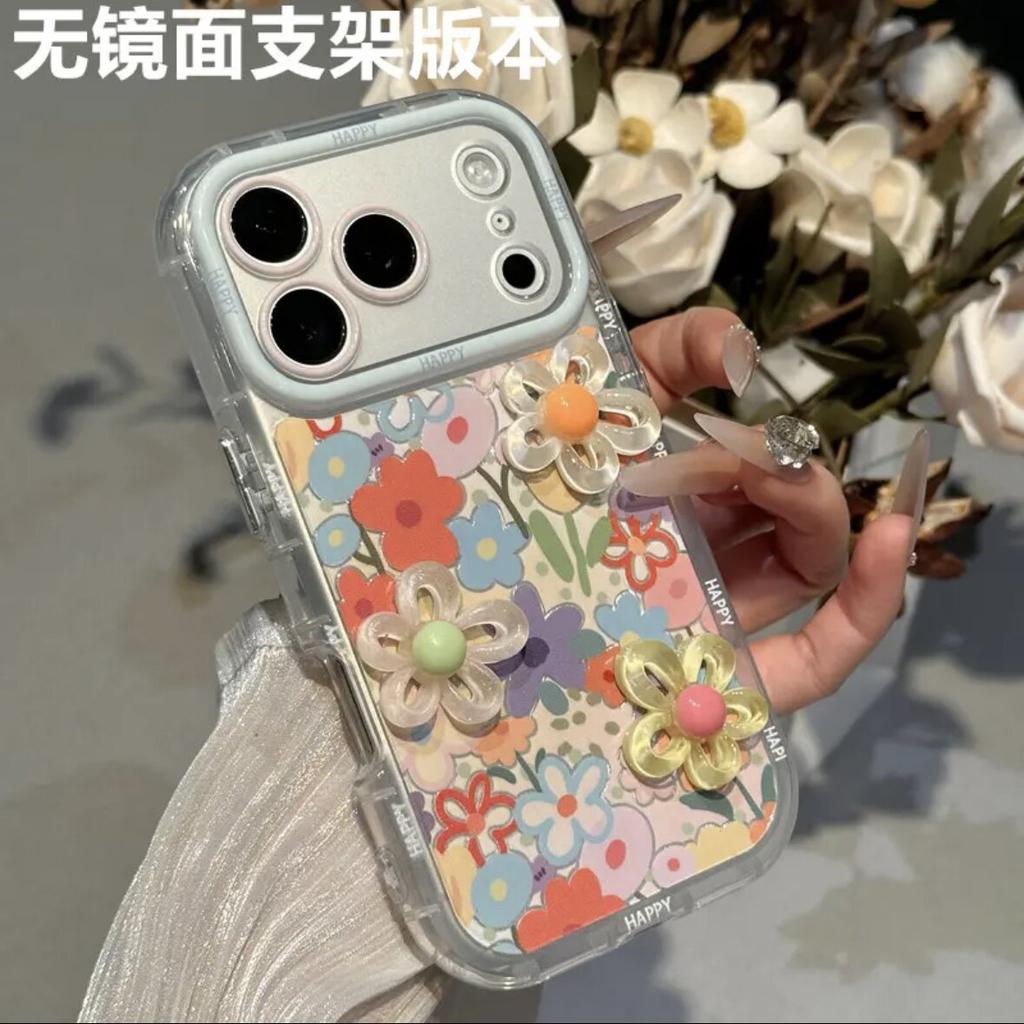 Three-dimensional flower large window mobile phone case for iPhone17ProMax Apple 16 mirror bracket protective case 13