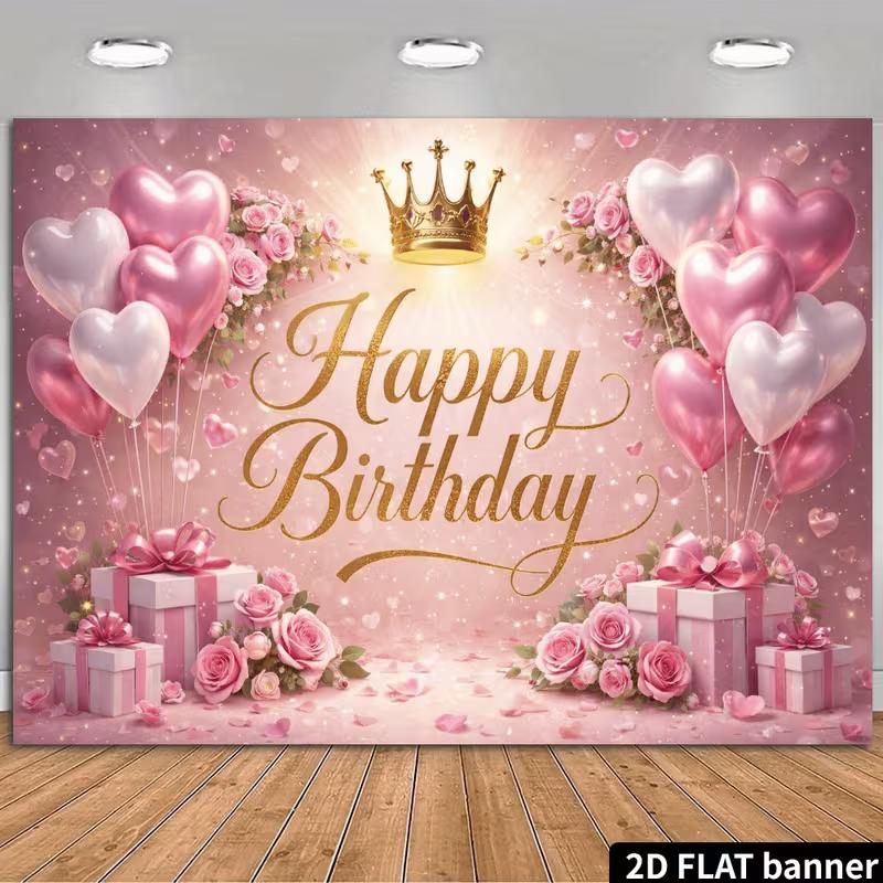 

2D Glitter Gold Letter Pink Happy Birthday Backdrop Banner Party Decoration 47.2x31.5inch/120*80cm