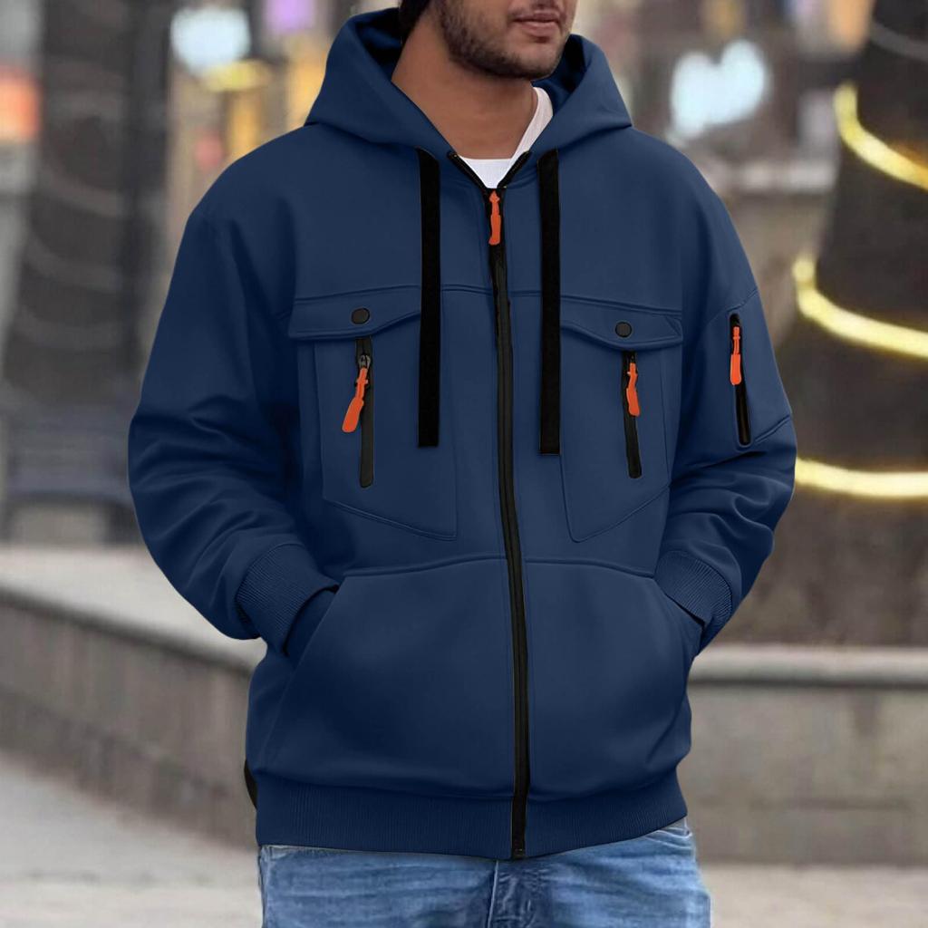 Men's Casual Athletic Jacket with Hood and Zipper, Multi-Pockets, Long Sleeve, for Fall
