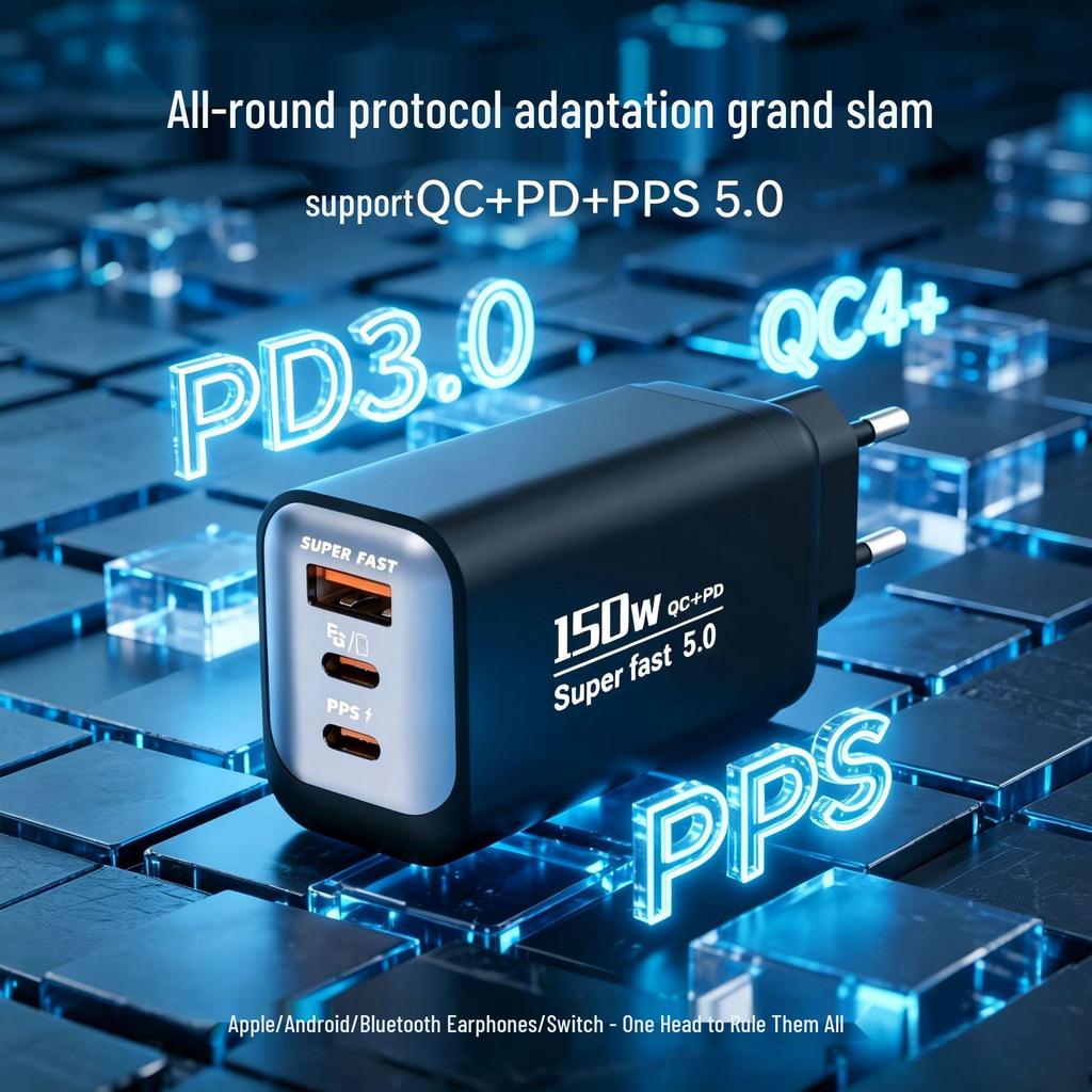 150W Multi-Port Smart Charger: Fast Charging Plug with 2 PD and 1 USB Port.