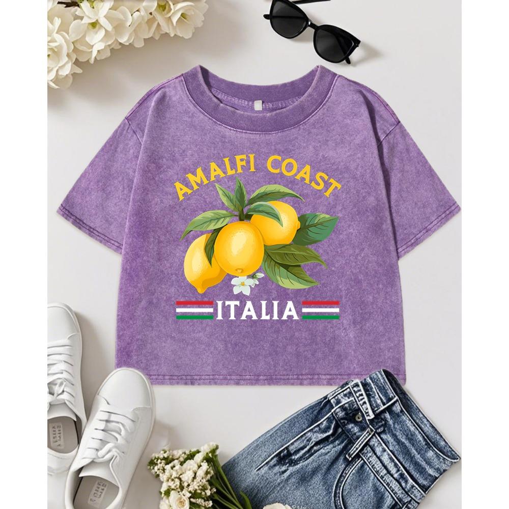 Amalfi Coast Lemon Fruit Italia Print Women Washed Crop T Shirts Slim Crewneck T-Shirt Y2K Casual Tops