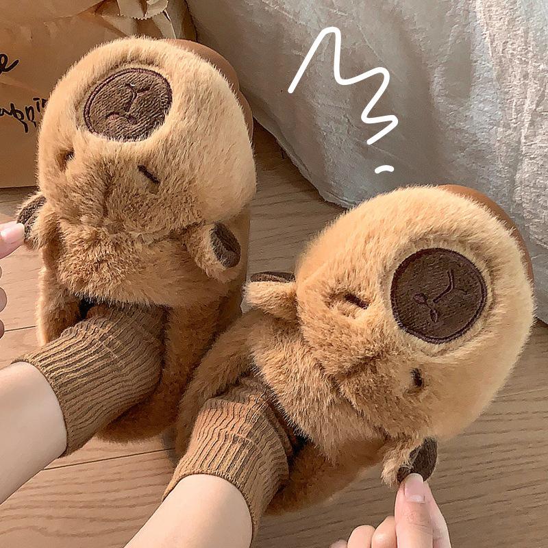 Capybara Winter Cotton Slippers: Cute Non-Slip Indoor Fur Shoes with Package Heel for Couples.