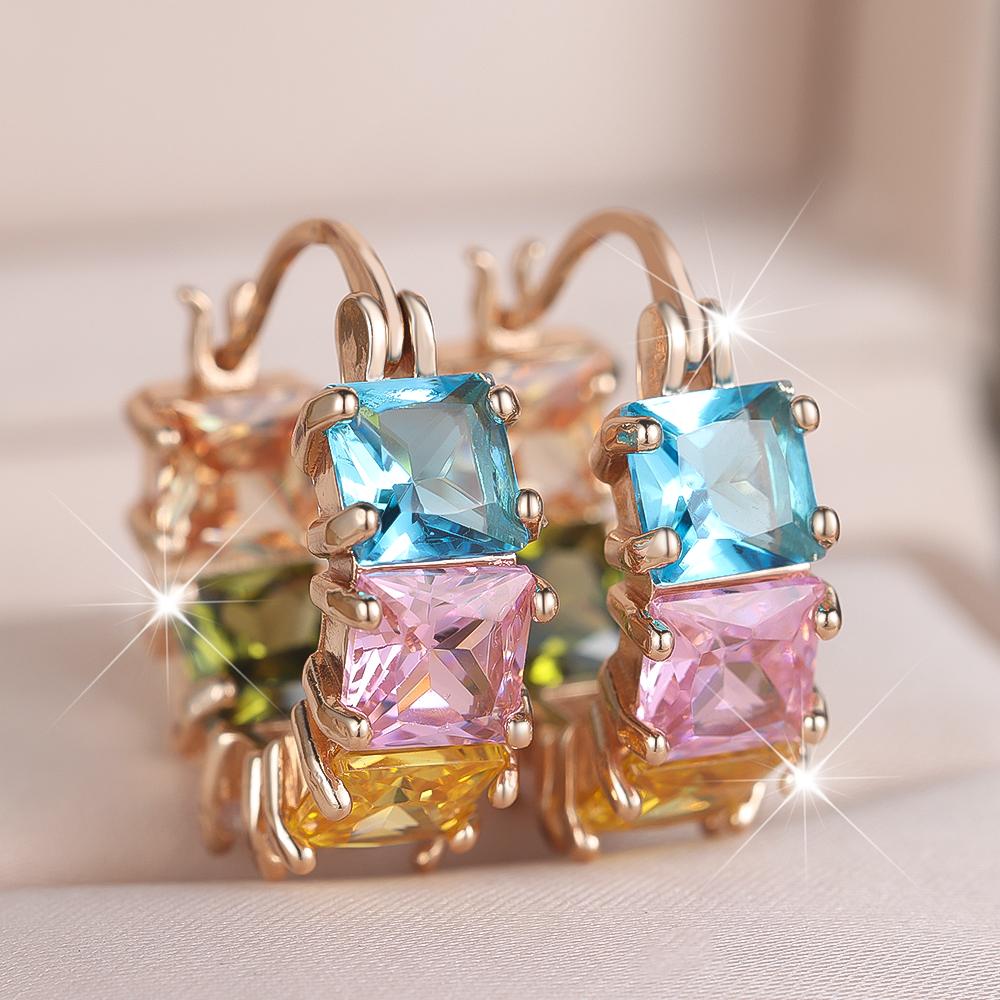 

1 пара серег-колец с геометрическим узором из белого, синего, фиолетового и зеленого циркония для женщин и девочек, корейские модные украшения, аксессуары для вечеринок жёлтый/розовый