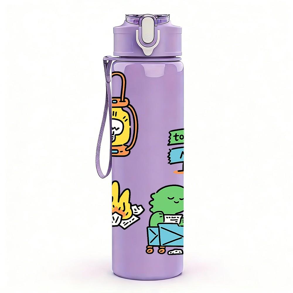 1PC Tool Box Plant Cartoon Print 750ml Color Plastic Sports Water Bottle Leakproof Flip Straw Lid Suitable for Sports Office Home Use