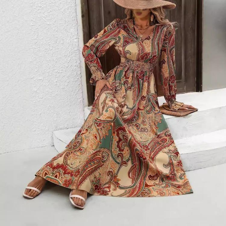 Women Floral Print V-neck Long Sleeve A-Line Dress Spring Summer Casual Elastic High Waist Ankle-Length Dresses