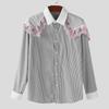 INCERUN Oversized Men Lace Patchwork Lapel Short Sleeve Striped Casual Loose Shirts
