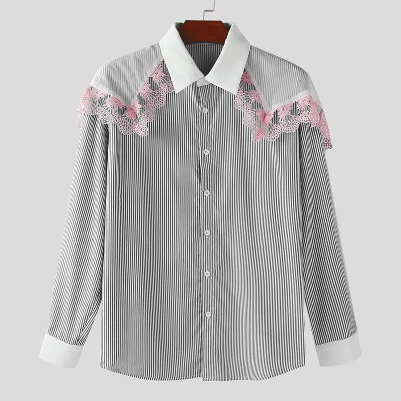 INCERUN Oversized Men Lace Patchwork Lapel Short Sleeve Striped Casual Loose Shirts