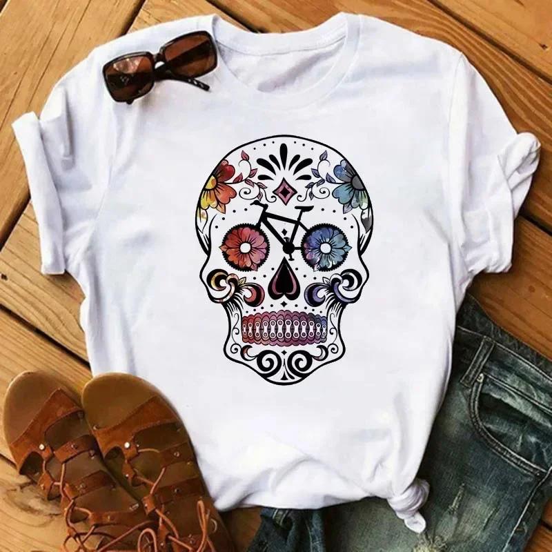 New Cartoon Mama Leopard Turban Skull Print Women Tshirts Casual Oneck Tops Loose Harajuku White T Shirt Korean Style Clothes