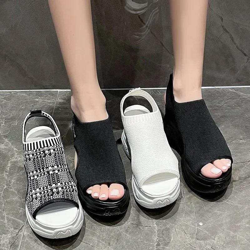 Fashion Women's Sandals 2024 Summer Wedge Heel Elastic Cloth Cover Foot Ladies Sandals Thick-soled Fashion Trifle Elevation Casual Shoes
