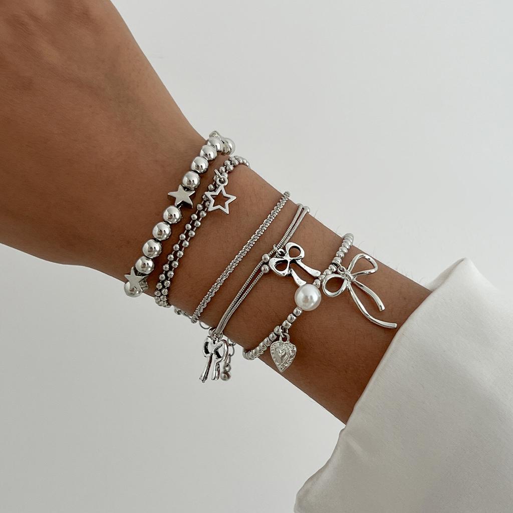 Sweet And Cool Style Ribbon Bow Bracelet, Temperament Love Imitation Pearl Star Stacked Wearing Jewelry Women