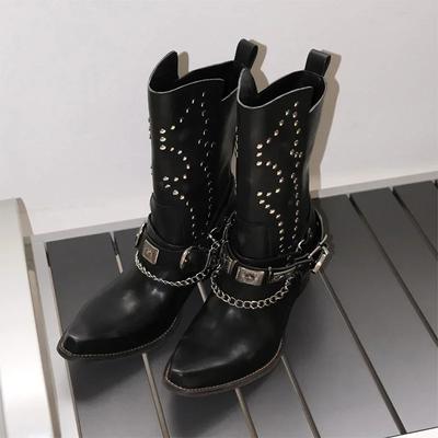 Vintage Rivet Frauen Western Cowgirl Stiefel Mode Slip On Schuhe Herbst Winter Square Heel Damen Chelsea Booties