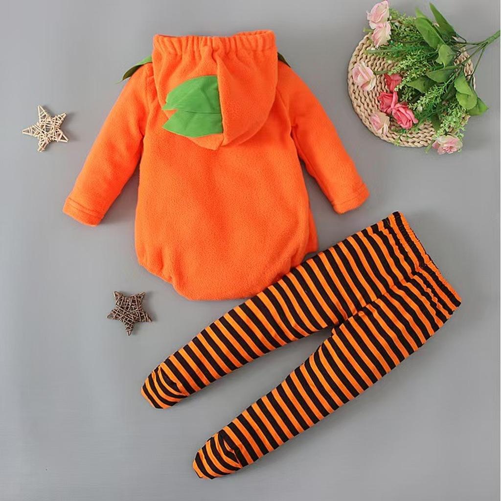 Kids Halloween Pumpkin Hooded Onesie + Footed Leggings Set
