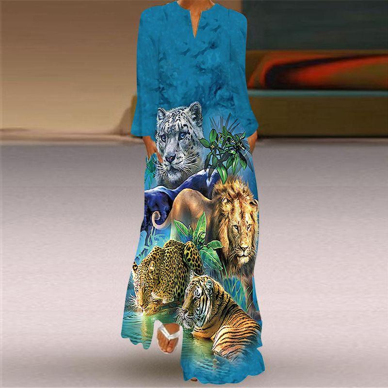 

2025 New Arrival Spring Dress Loose Plus Size Dark Blue Chrysanthemum Pattern Long Skirt V Neck Long Sleeves Pocket Skirt 121 5XL