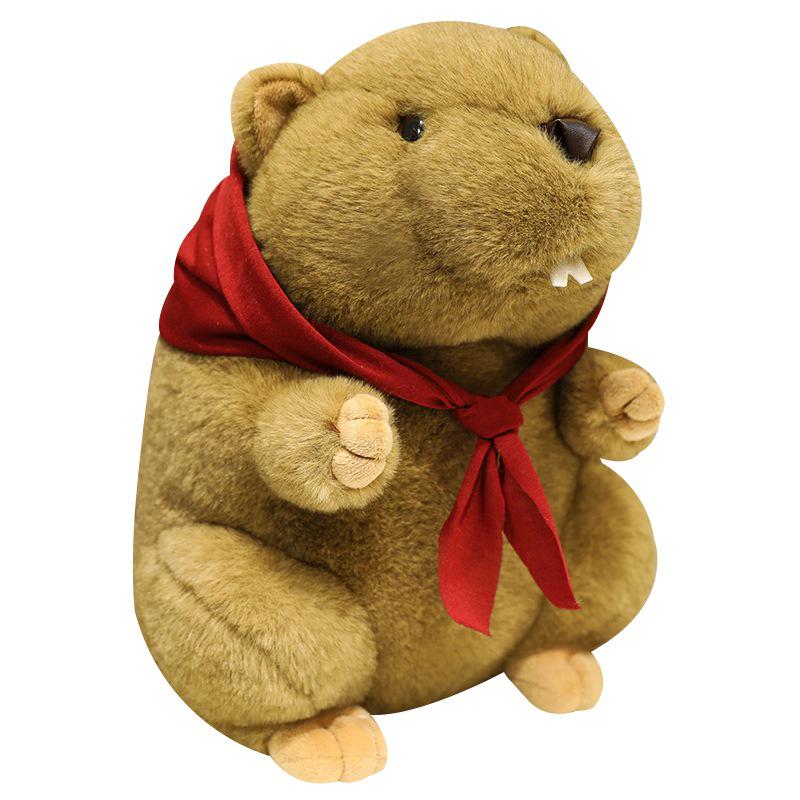 Red Scarf Marmot Plush Toy - Cute Mouse Figurine & Realistic Beaver with Big Incisors, Perfect Kids' Birthday Gift