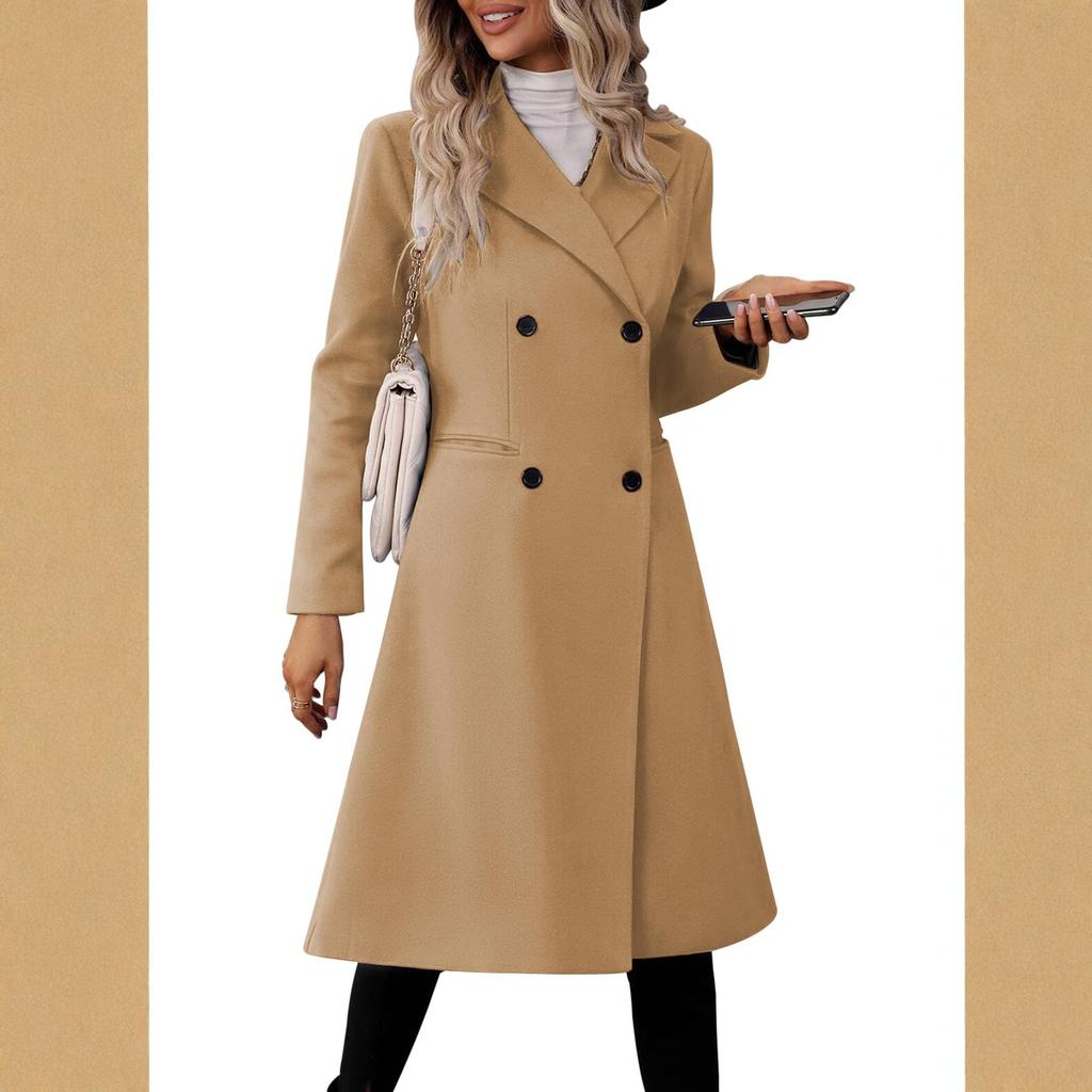 Women's Casual And Stylish Long Color Wool Coat With Double-breasted Lapel