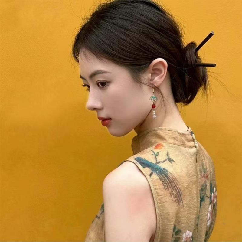 New New Chinese antique red beaded auspicious cloud pearl ear hook premium Hanfu cheongsam earrings