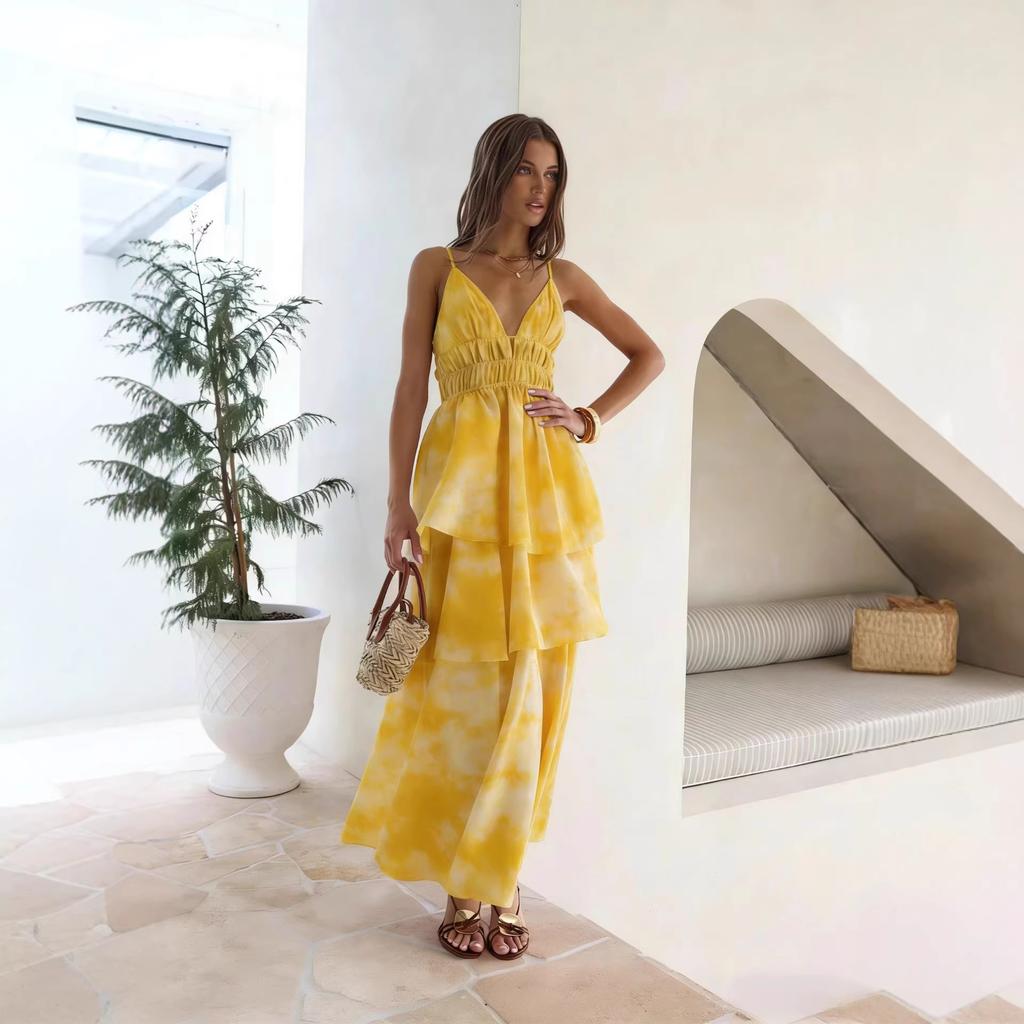 Europäisches, Amerikanisches Frühling und Sommer Tiefes V-Ausschnitt Kuchen Mode Süß Frisch Urlaubsstil Langes Kleid 70