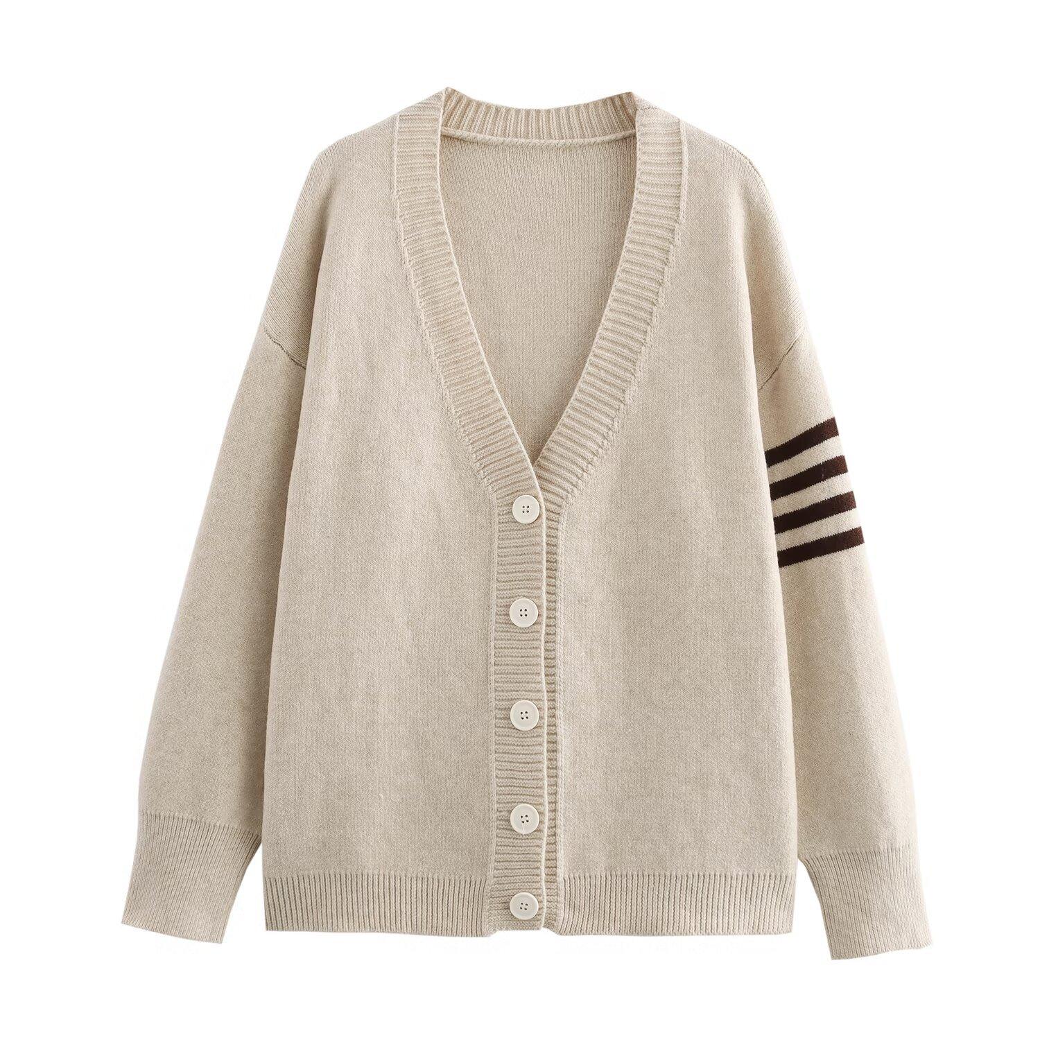 

2024 осень и зима новый свободный повседневный универсальный ленивый ветер V-образный вырез с длинными рукавами трикотажный свитер куртка one size fits all абрикосовый