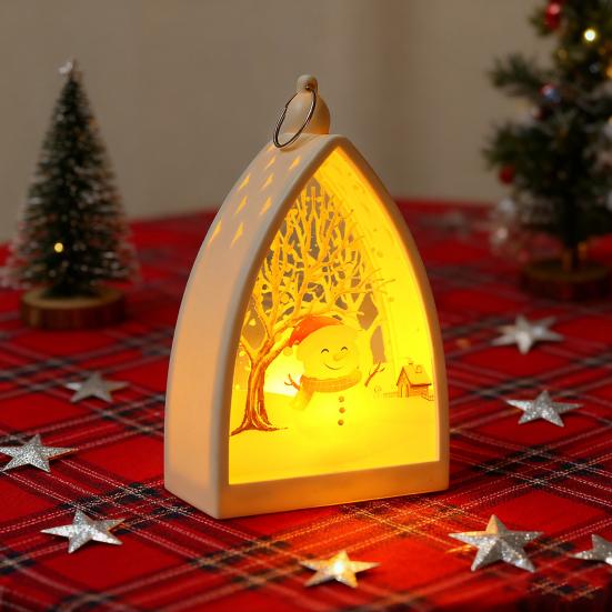 Vintage Christmas Ornament House Shape Santa Claus Deer Snowman Statue Night Light Glowing Decoration