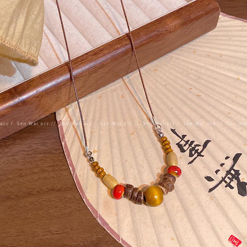 New Chinese retro wooden beaded necklace niche design sense national style fashion long sweater chain