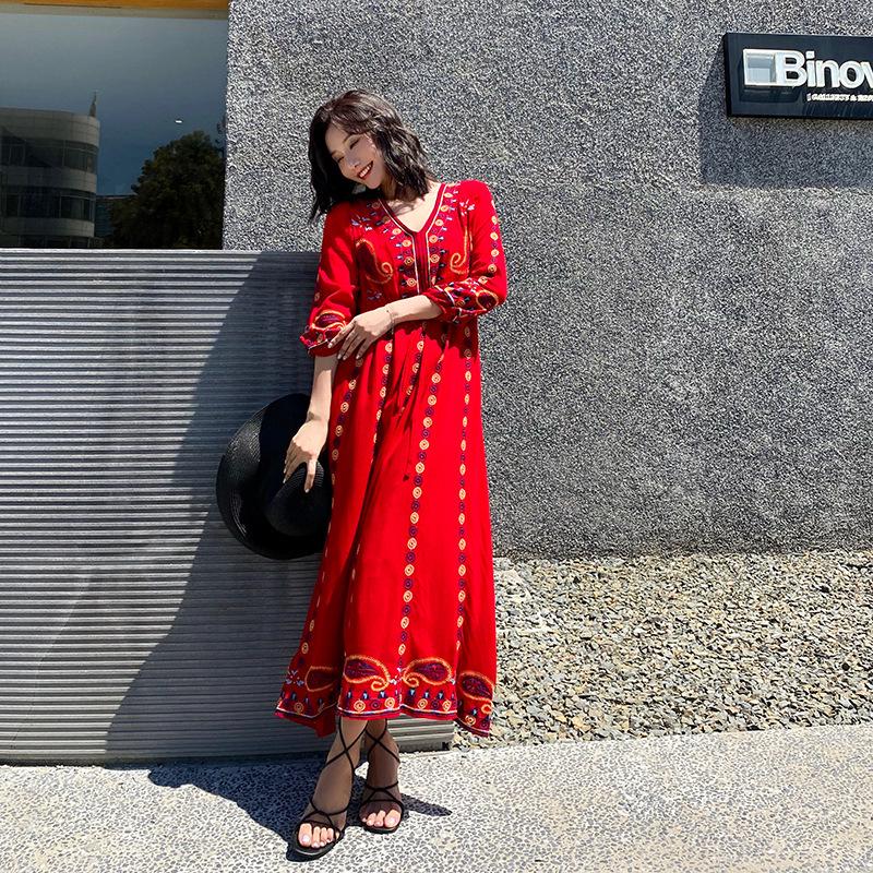 Ethnic Embroidered V-Neck Cotton Linen Dress, Fairy Style with Tie-Up and Swing, Perfect for Travel and Photos - Style 636