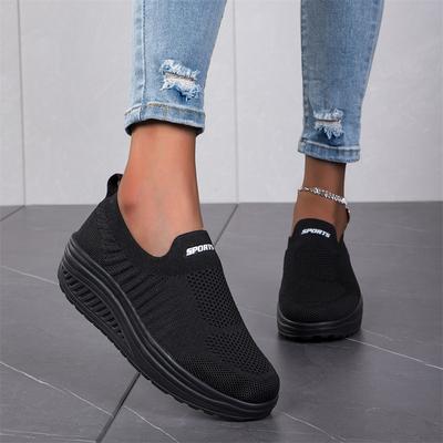 Chaussures épaisses pour femmes, baskets à plateforme respirantes, chaussures de sport de marche noires à enfiler