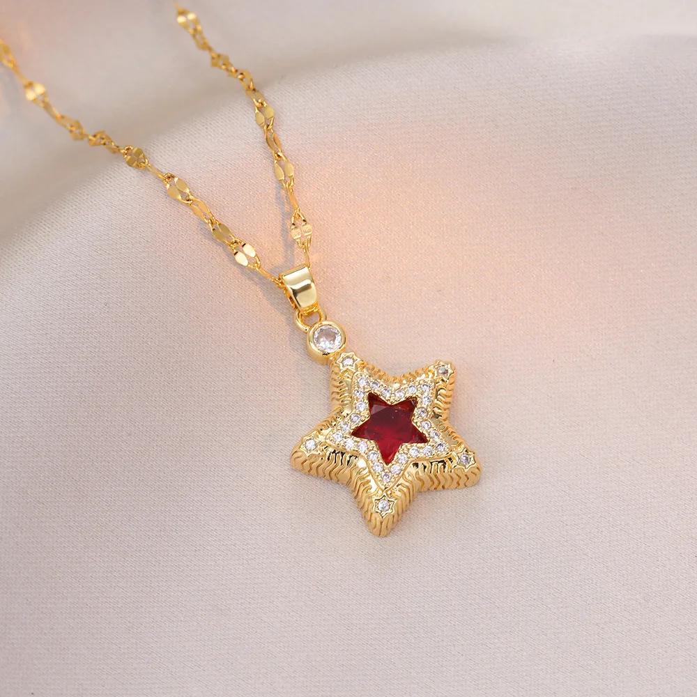 Colorful Zircon Pentagonal Star Pendant Necklaces for Women Girls Stainless Steel Trendy Vintage Star Jewelry Accessories Gifts